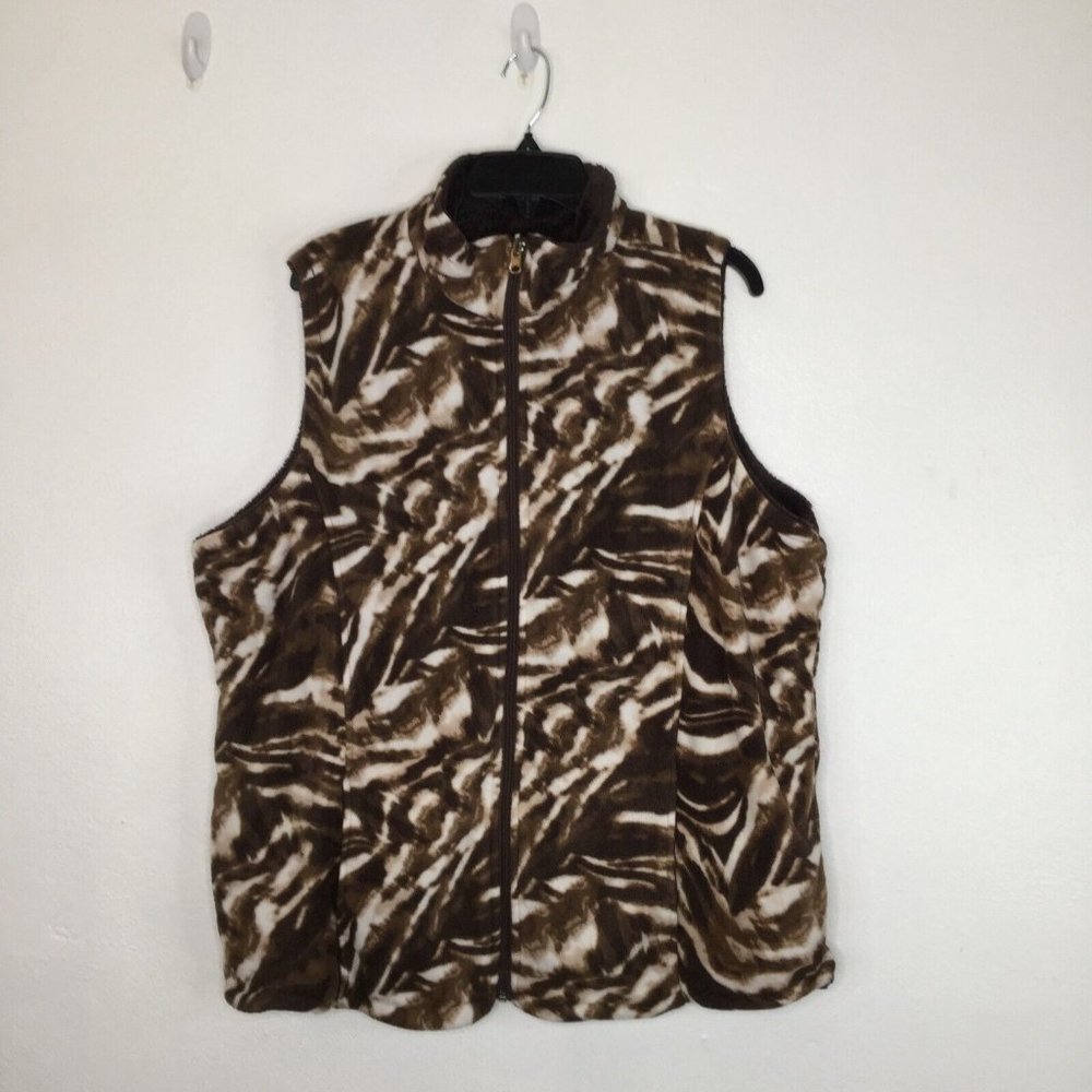 French Laundry Vest Women 2X Brown White Animal Print Fleece Pockets Full Zip